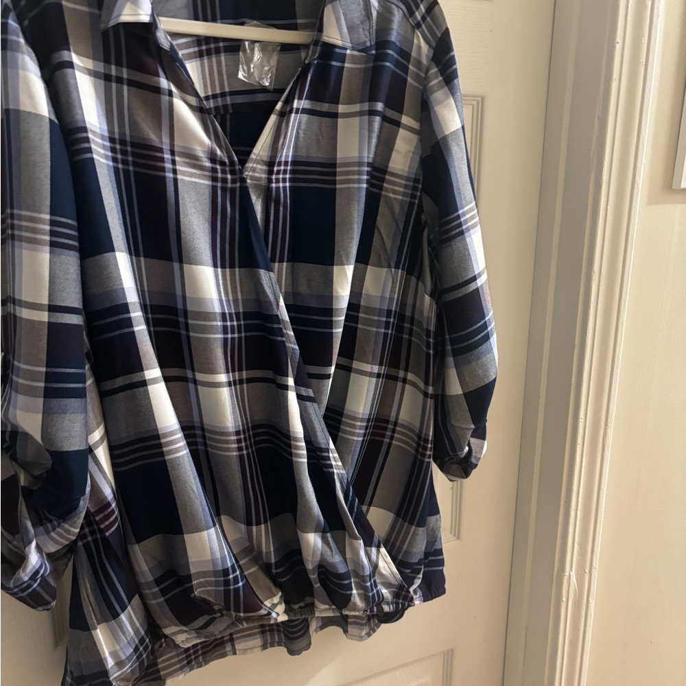 Lane Bryant Navy Plaid Wrap Blouse